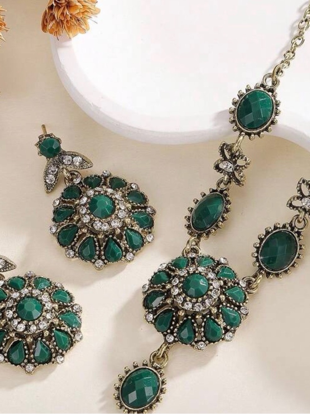 Bohemian Green Multi-Stone Statement Necklace & Earring Set - Picture 5 of 5